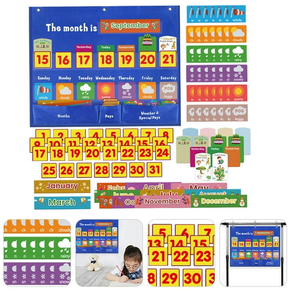 Pretyzoom 1Set Weekly Calendar Pocket Chart Wall Hanging Bag with Clear Pockets and Multi Colors