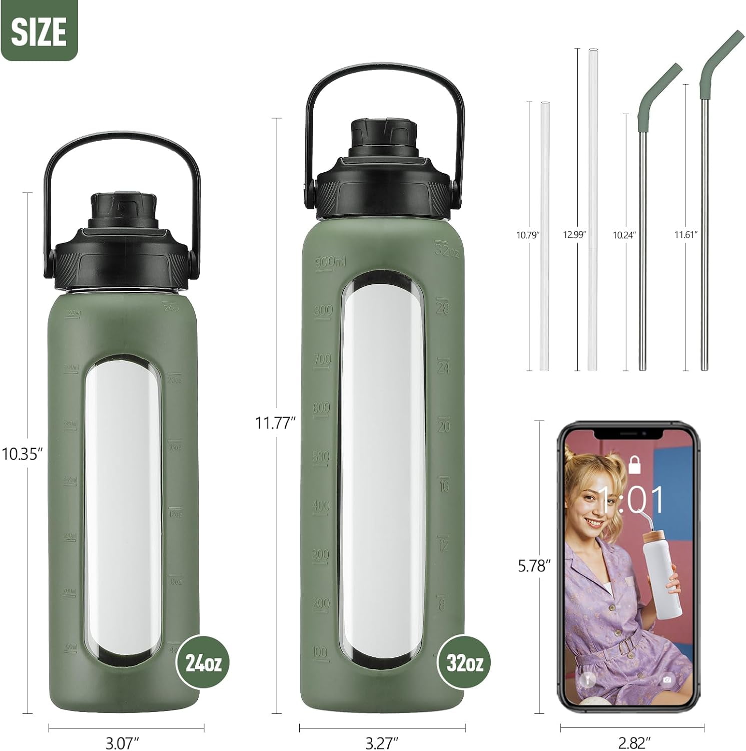 MUKOKO Glass Water Bottle, 32oz Sports Drinking Tumbler with Silicone Sleeve and Straw, 1 Cup 2 Lids, Olive