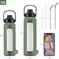 thumbnail image 2 of MUKOKO Glass Water Bottle, 32oz Sports Drinking Tumbler with Silicone Sleeve and Straw, 1 Cup 2 Lids, Olive, 2 of 7