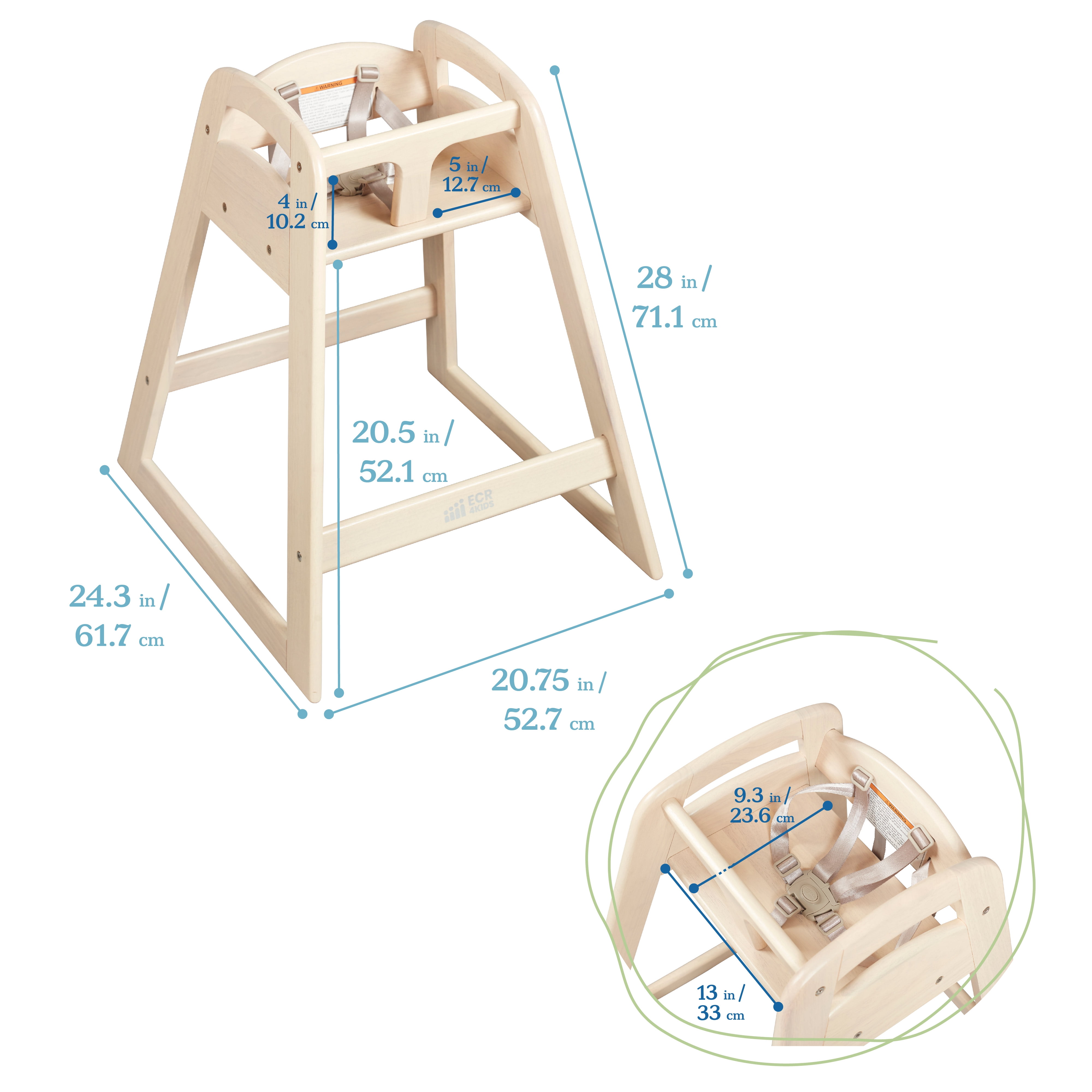 ECR4Kids ASATT Wooden Baby High Chair with Safety Strap, Childrens Furniture, Antique White