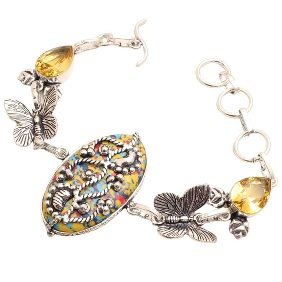 Silver Plated Bracelet For Women, Fashion Jewelry Silver Plated Bracelet, Handmade Gemstone Bracelet Jewelry For Women And Girls Charm Bracelet Mosaic Jasper Gemstone Bracelet, 20 Gms BR-0782