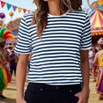 thumbnail image 2 of Women's T-Shirts Basic Tops Stripe Print Short Sleeve Crew Neck Casual Tunic Blouse Blue, 2 of 7