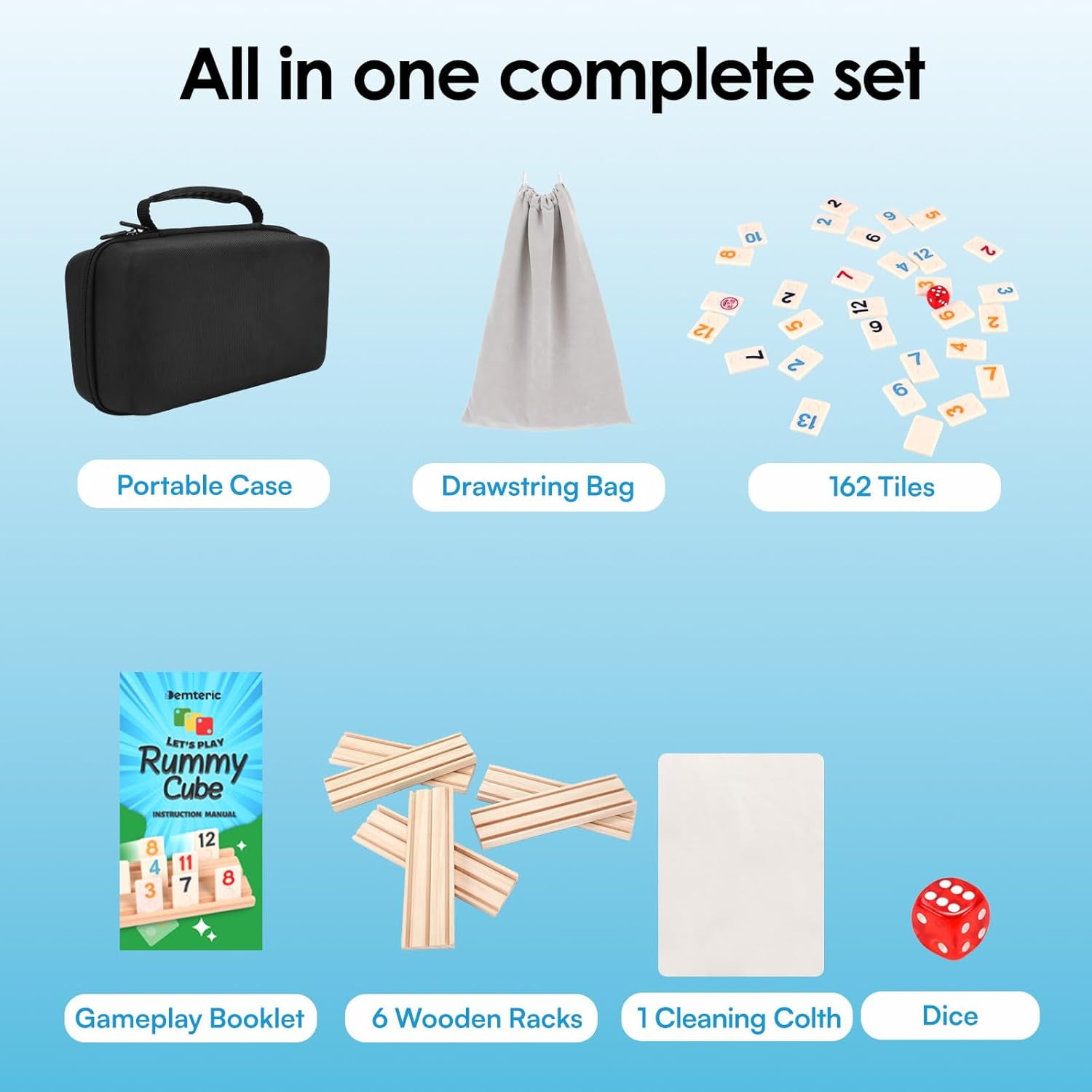 Demteric Rummy Cube Game 6 Players with Portable Travel Case, 162 Melamine Rummy Tiles & 6 Wooden Holders, Classic Family Strategy Board Game for Adults Kids