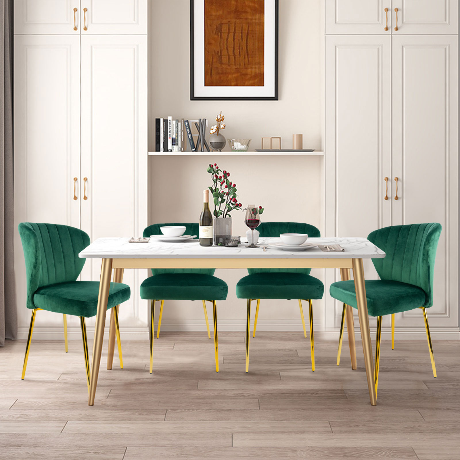 MOJAY Modern Velvet Dining Chair Set of 2 with Tufted Backrest and Golden Legs, Green
