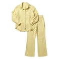 thumbnail image 4 of Women Summer Set Two Pieces Outfit Set Long Sleeve Point Lap Collar Button Down Shirt Wide Leg Pants Casual Vacation Matching Pants Set, 4 of 4