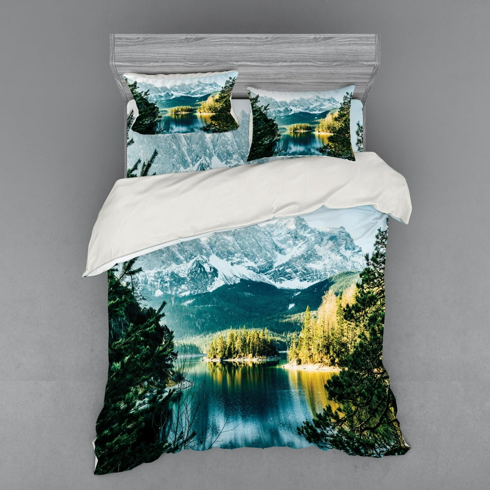 Landscape Duvet Cover Set, Mountain Lake in Northern Germany Frozen