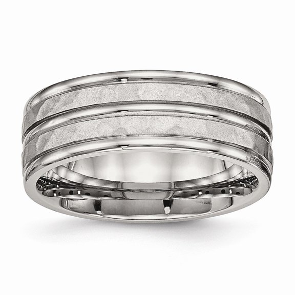 Stainless Steel Polished Hammered and Grooved 8.00mm Band Ring - Size 8.5