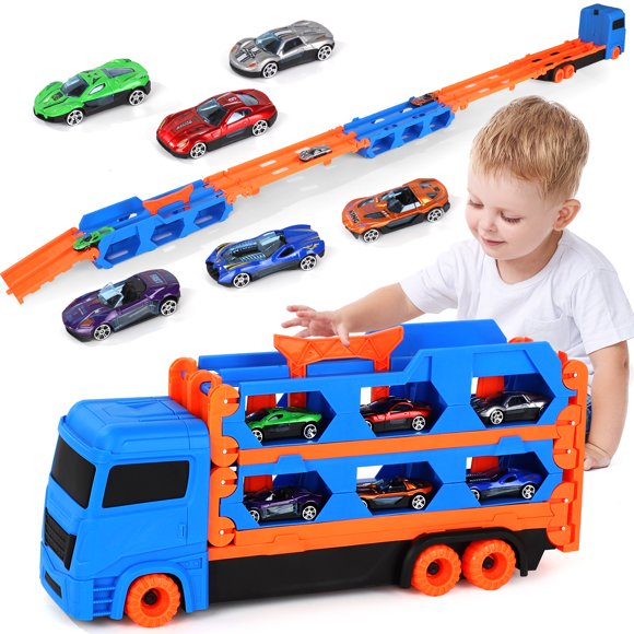 Truck Toy, Construction Truck Toy Sets, Toys for 2 3 4 5 Years Old Boy, Carrier Truck with 8 Die-Cast Pull Back Cars & 6-inch Race Track