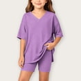 thumbnail image 3 of Iyufng Old Girls 2 Piece Outfits Summer Casual Sets Solid Color V-Neck Short Sleeve Top and Shorts 4-15 Years, 3 of 7