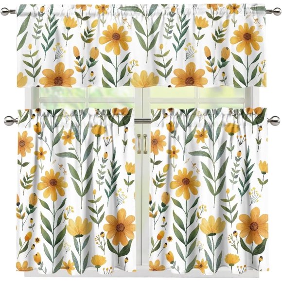 Ensemble de Cantonnières et Rideaux de Cuisine Jaunes à Motif Floral / Ensemble de 3 Pcs de Rideaux à Passe-Tringle / 54x18 Po / Illumine la Salle de Bain, le Café, le Salon, la Chambre / Déco Printanière Vibrante