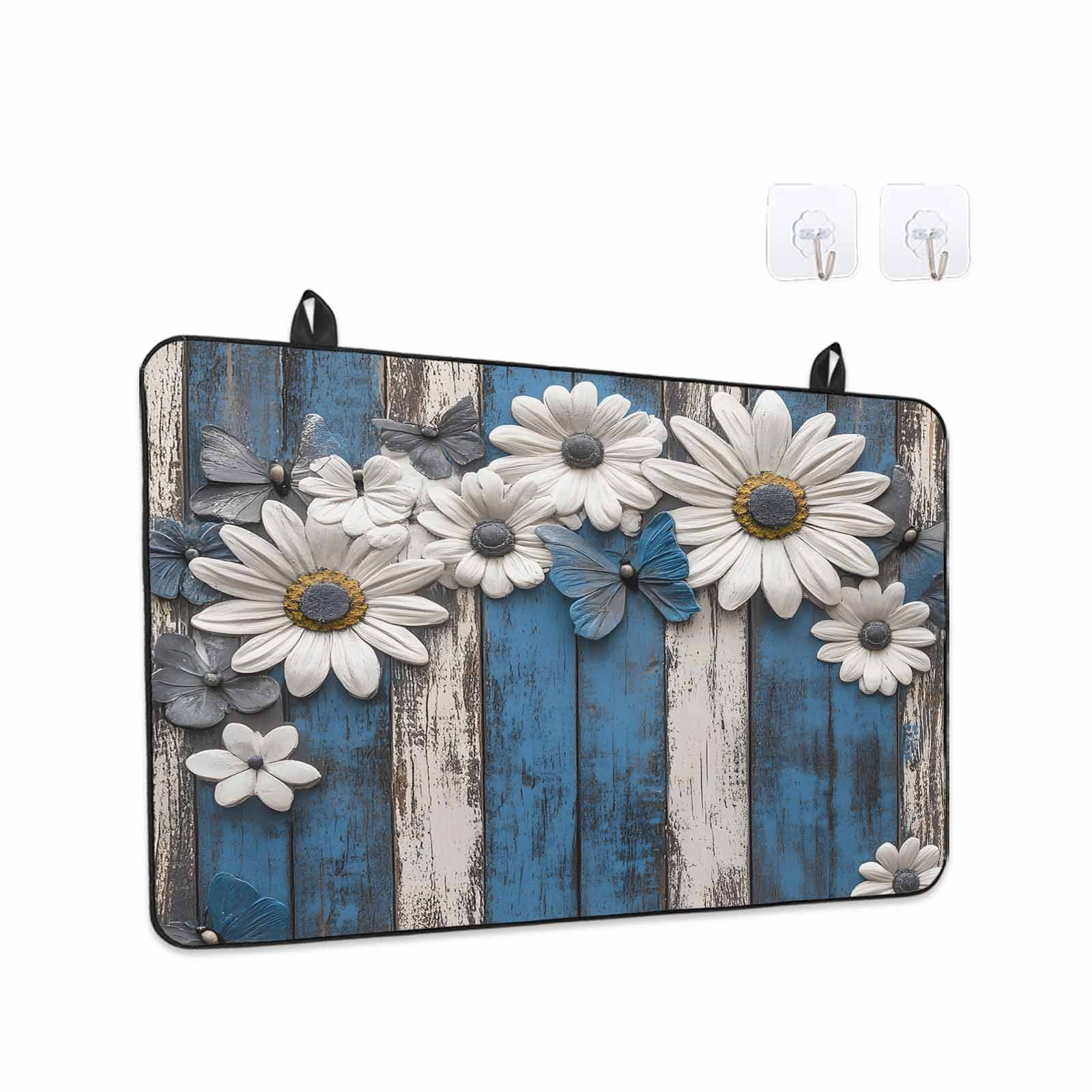 Blue White Daisy Stove Top Cover for Electric Stove, Heat-proof & Non Slip Glass Top Stove Cover Protector, Vintage Farmhouse Butterfly Floral Wood Kitchen Flat Cooktop Rubber Mat 24x21 Inches