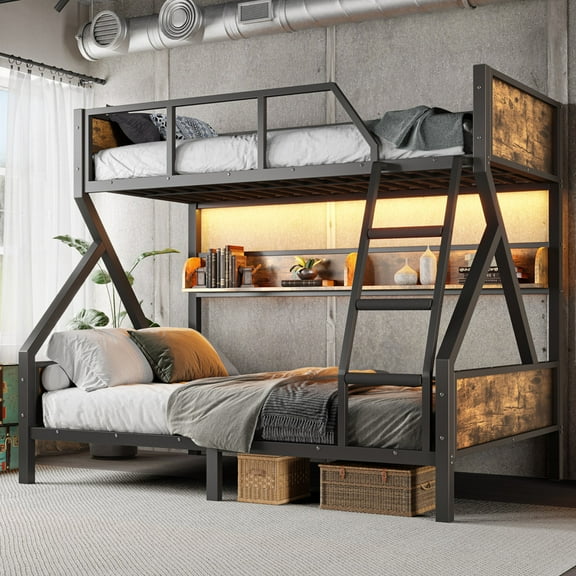 Bellemave Twin over Full Bunk Bed, Heavy Duty Metal Bunk Bed Frame for Space Saving and Noise Free Use, with Storage Shelves & Lighting for Modern Living Spaces, Black