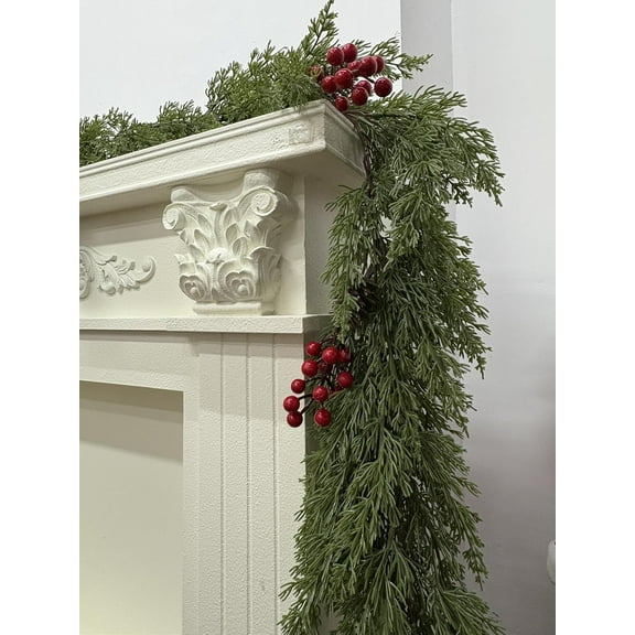 Guvpev 6FT Christmas Garland for Mantel, Artificial Christmas Cedar Garland with Red Berries & Pinecones for Indoor Outdoor Christmas Decorations, Realistic Cypress Garland for Holiday Xmas Decor