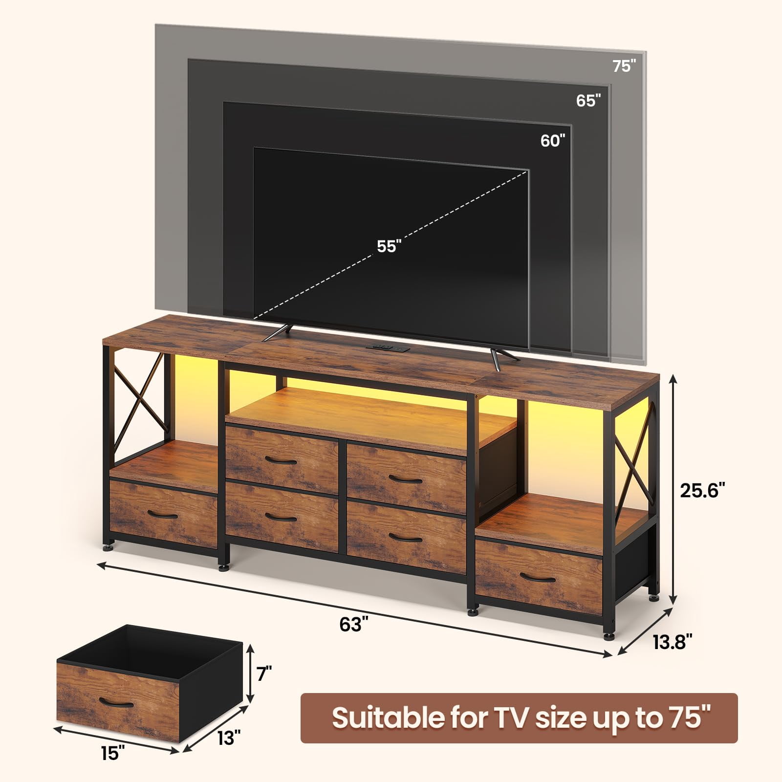 63" TV Stand for 75 Inch TV, Entertainment Center with LED Light & Power Outlets, TV Console Table with 6 Fabric Drawers & Shelves for Living Room Bedroom, Rustic Brown