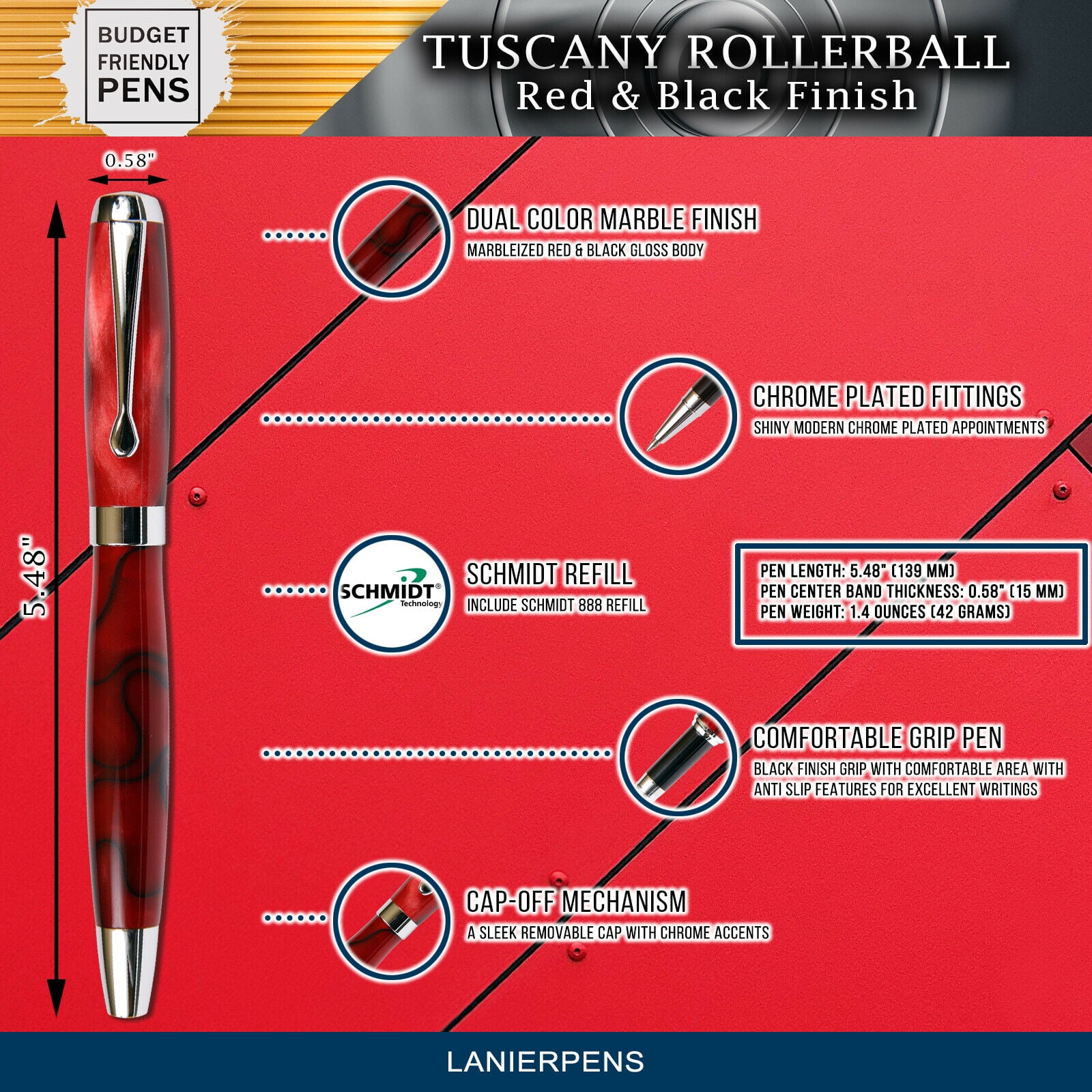 Red & Black Marbleized Gloss Body, Tuscany Rollerball Pen (Black Ink, Medium Tip 0.7 MM)