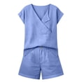 thumbnail image 4 of Hvogkswy Women Two Piece Linen Sets, Solid Color Short Sleeve V-Neck Tops and Button Waist Shorts with Pockets Lightweight Breathable Beach Vacation Summer Casual Set, 4 of 7