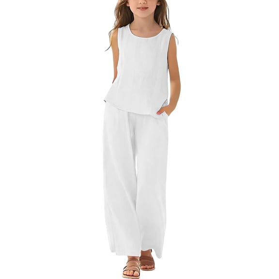 Back To School Outfits for Girls Size 7-8 Girls Linen Matching Pants Set 2 Piece Summer Outfit Baggy Flowy Palazzo Pants and Open Back Cami Top Solid Elegant Clothing