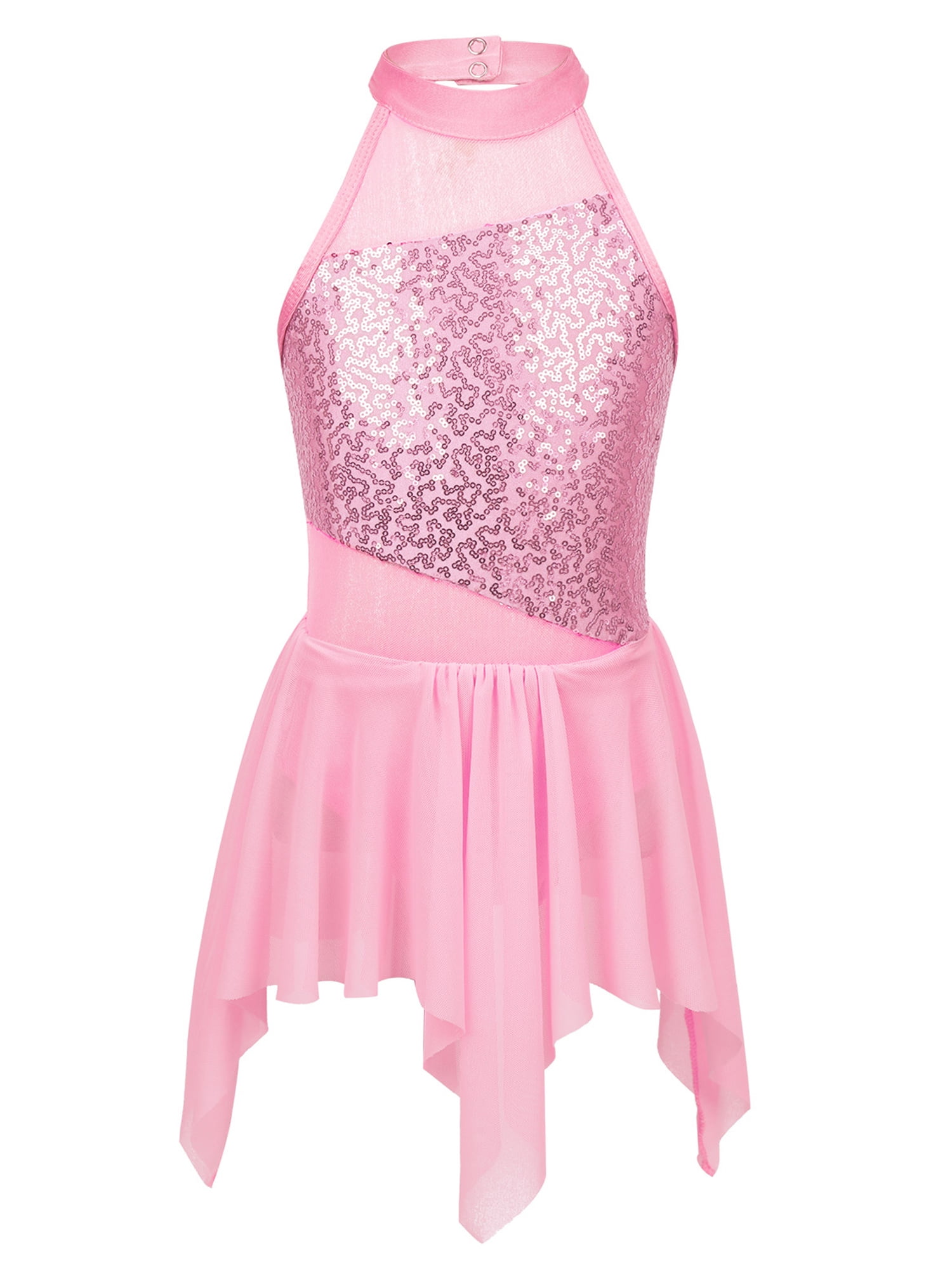 YiZYiF Girls Kids Camisole Sequined Irregular Dance Lyrical Dress Ballroom Dancewear