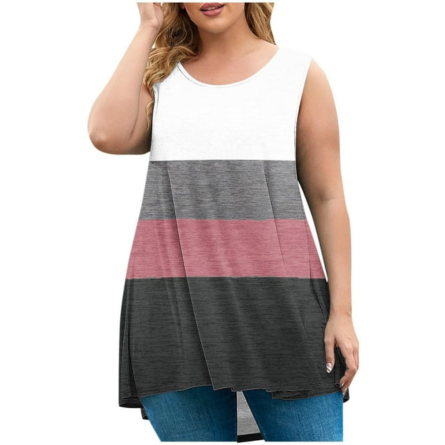 Diufon Womens Plus Size Tank Tops Color Block Sleeveless Loose Tops Casual Summer Cute Graphic Shirts