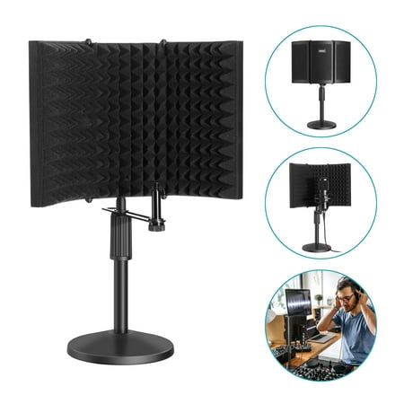 Compact Microphone Isolation Shield with Desk Mic Stand, Mic Sound Absorbing Foam Reflector for Sound Recording, Podcasts, Vocals, Singing and Broadcasting