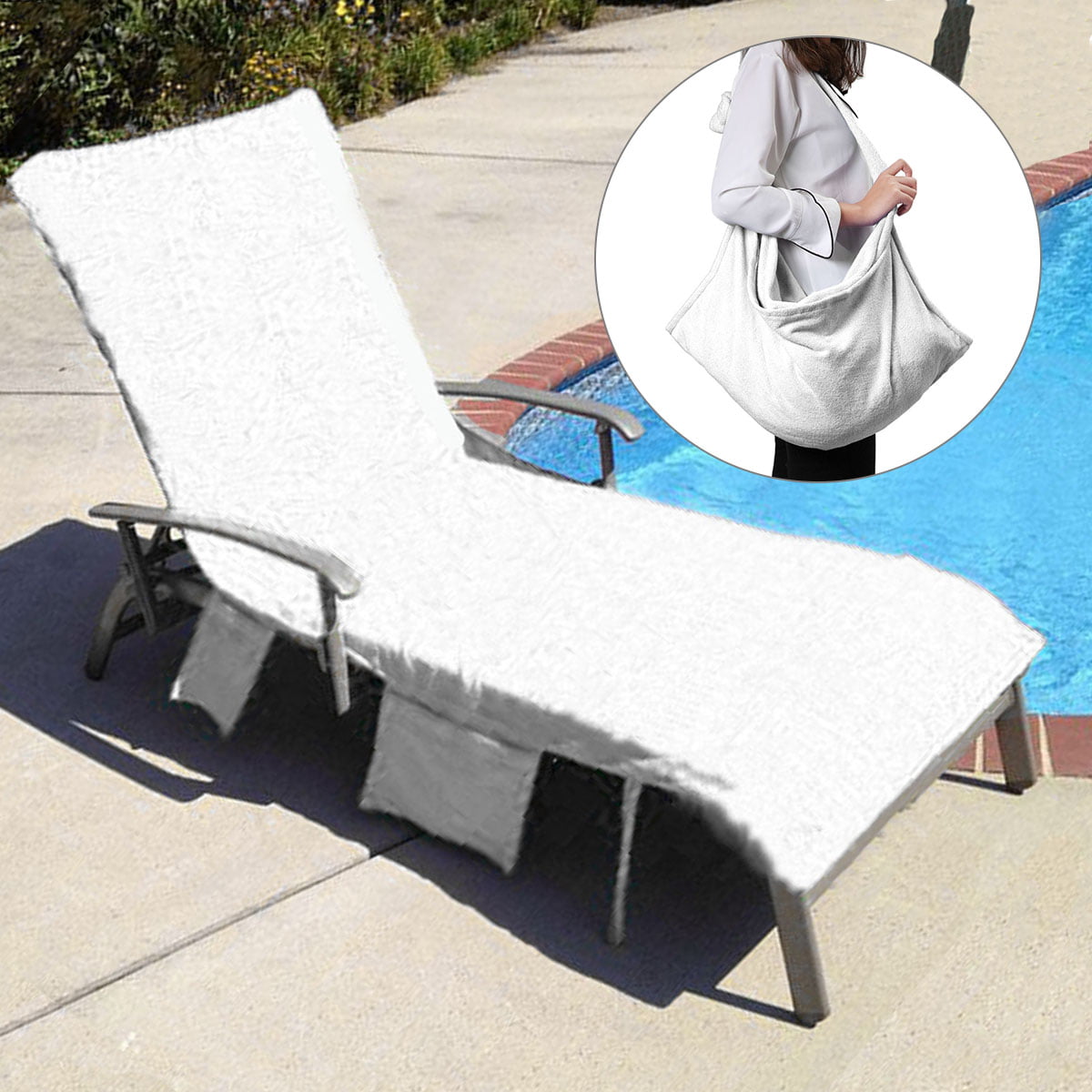 Sun Lounger Beach Towel TOWELLING Lounger Mate for Holiday with 4 Pockets & ZIP 