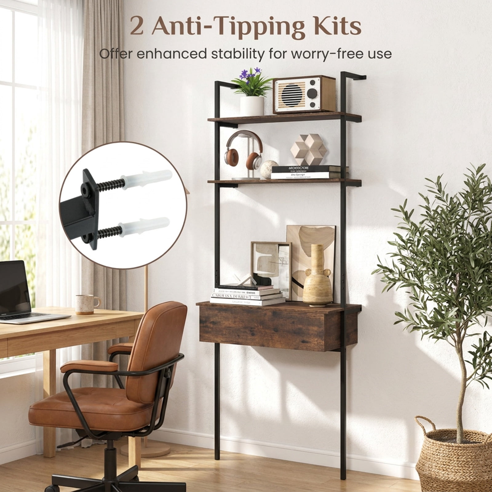 Furnibear 4-Tier Ladder Bookshelf with Drawer and Metal Frame for Living Room for Living Room Home Office Bedroom Display Storage Shelf, Rustic Brown