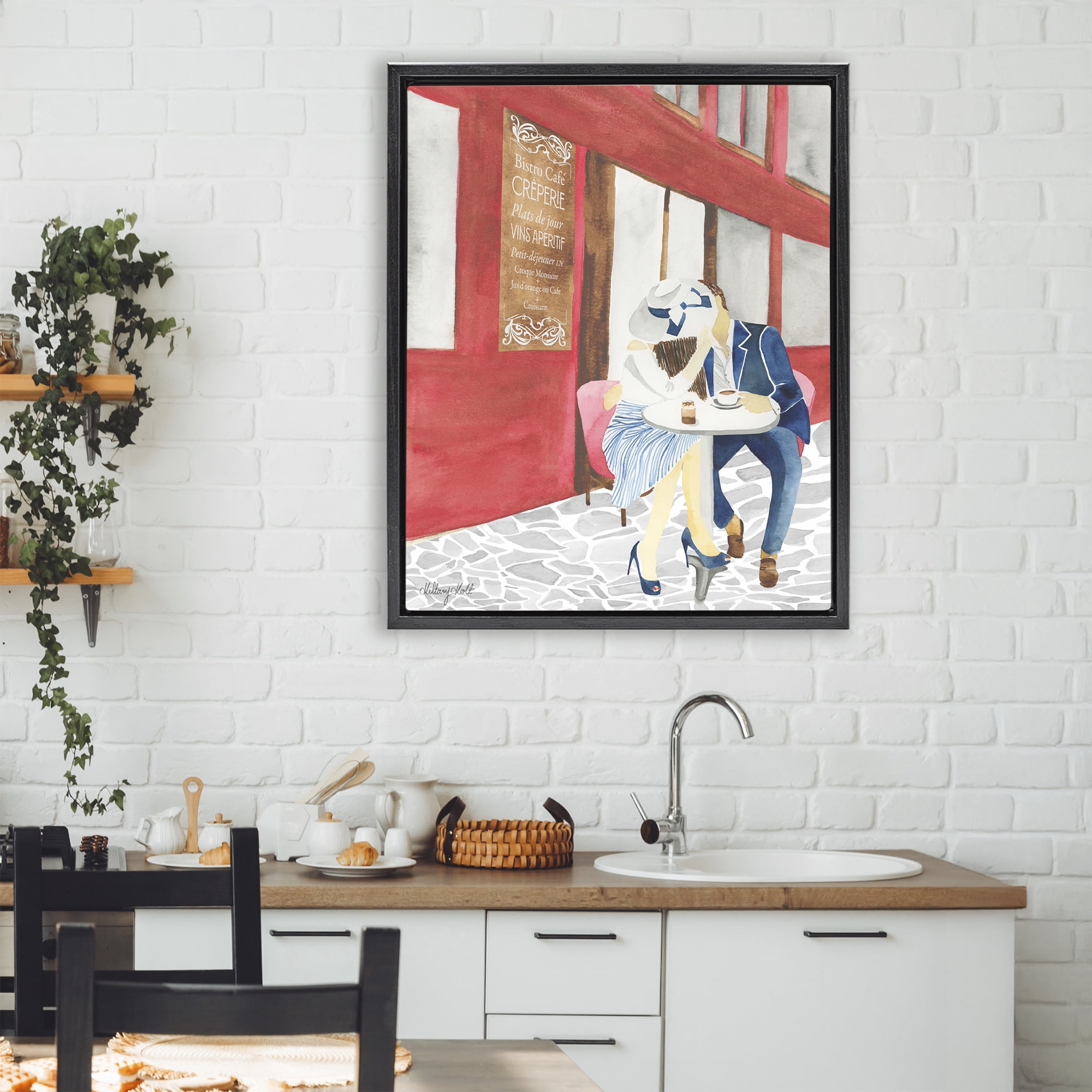 Stupell Industries Kiss At Parisian Cafe Black Framed Floater Canvas Wall Art, design by Hillary Holt