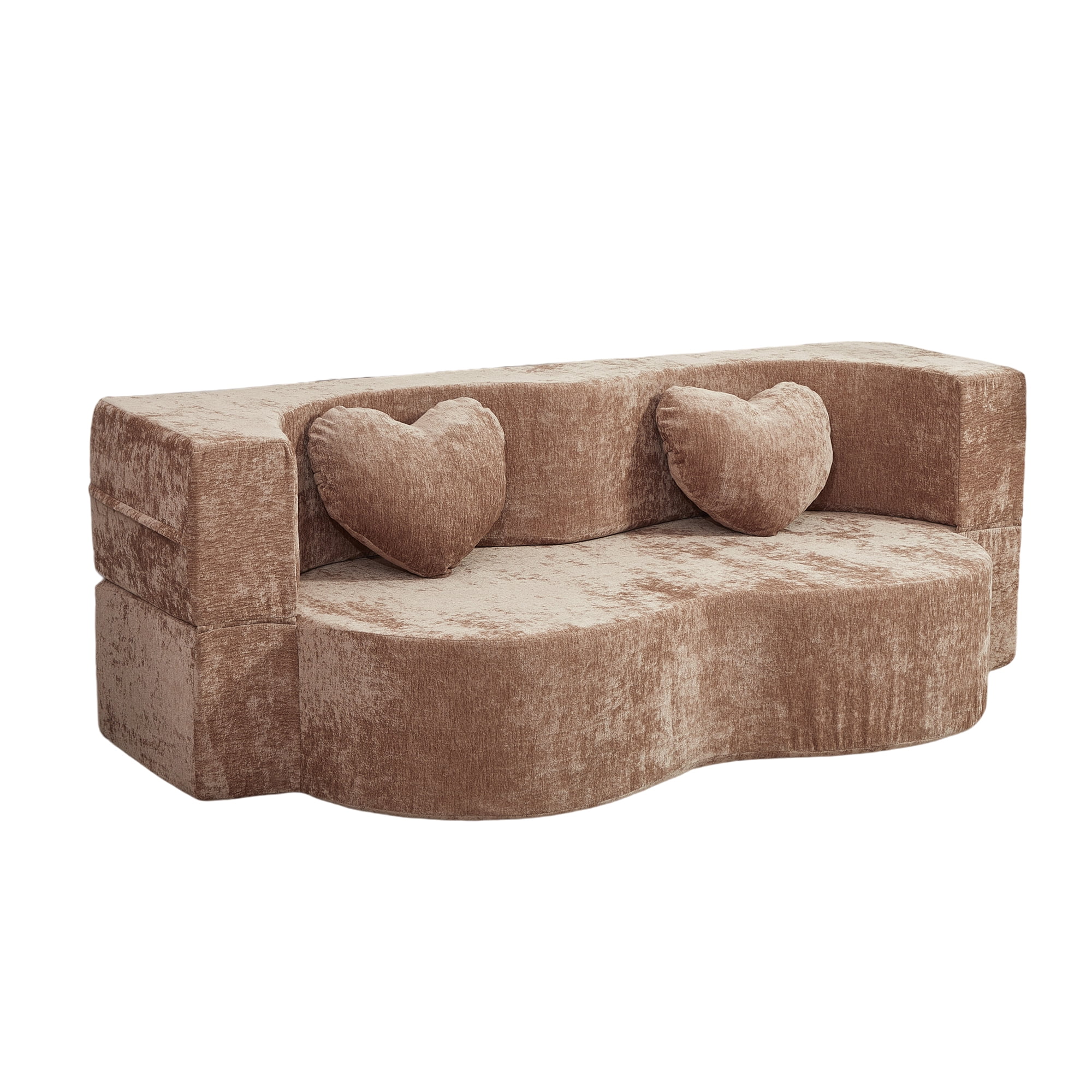 78.74"W Heart-Shaped Convertible Sofa,Floor Couch,Sleeper Sofa Bed,No Assembly High-Density Sponge Loveseat with 2 Heart Pillows for Living Room, Apartment,Warm Taupe