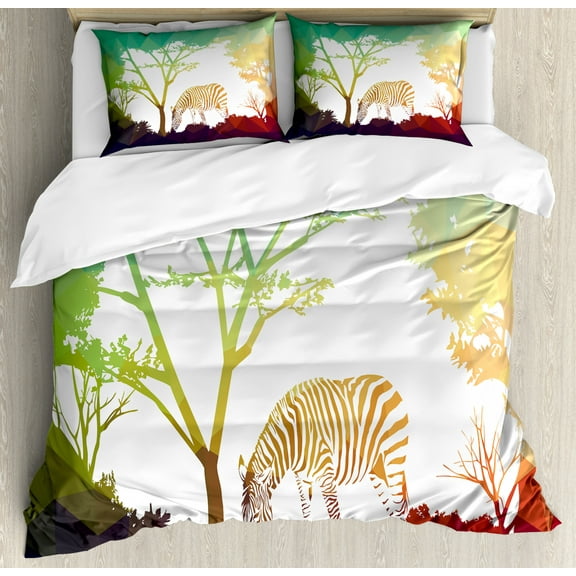 Wildlife Decor Queen Size Duvet Cover Set, Digital Zebra Figure in Fractal Display Vivid Colors A Look at Kenya Illustration, Decorative 3 Piece Bedding Set with 2 Pillow Shams, Multi, by Ambesonne