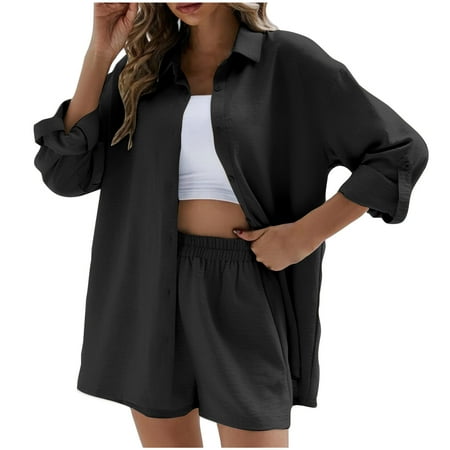 Lovskoo 2024 Women s 2 Piece Outfits Roll Up Long Sleeve Button Down Textured Shirt and Shorts Lounge Sets Black M