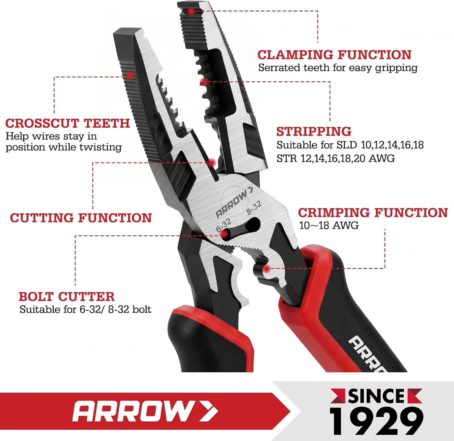 ARROW 6-in-1 Linemans Pliers, 8" Multipurpose Linesman Pliers, CRV Side Cutters for Wire Cutting, Gripping, Crimping, Stripping