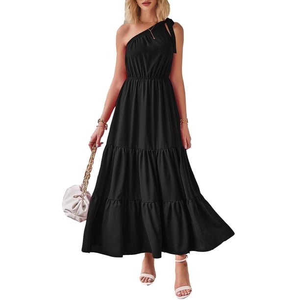 Vestido PRETTYGARDEN Maxi Negro Sin Mangas con Nudo y Un Hombro XXL