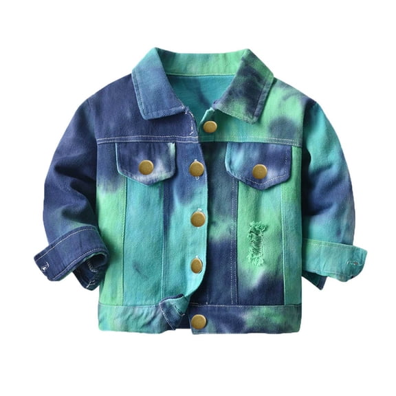 Trikvn Girls Tie Dye Denim Jacket Button Down Distressed Jean Coat Long Sleeve Lapel Fashion Casual Outerwear Tops Flattering Fall Spring Essential for Kids Tweens