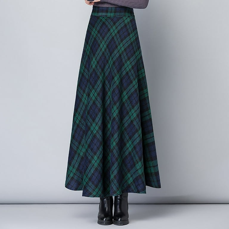 Women s Wool Blend Plaid Maxi Skirt High Waist Winter Pleated Long Skirt Elegant Casua Vintage Preppy Clothes for Teen Green L