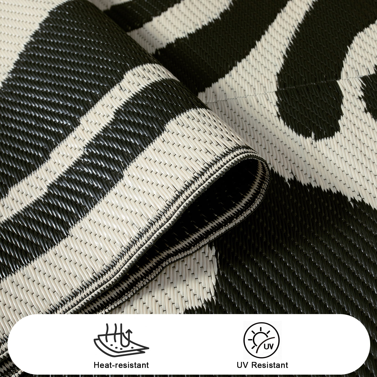 Lahome Waterproof Outdoor Rug 4'x6', Reversible Plastic Straw RV Camping Mat - Portable Abstract Flower Patio Carpet for Deck, Backyard, Balcony, Garden (Black & White)