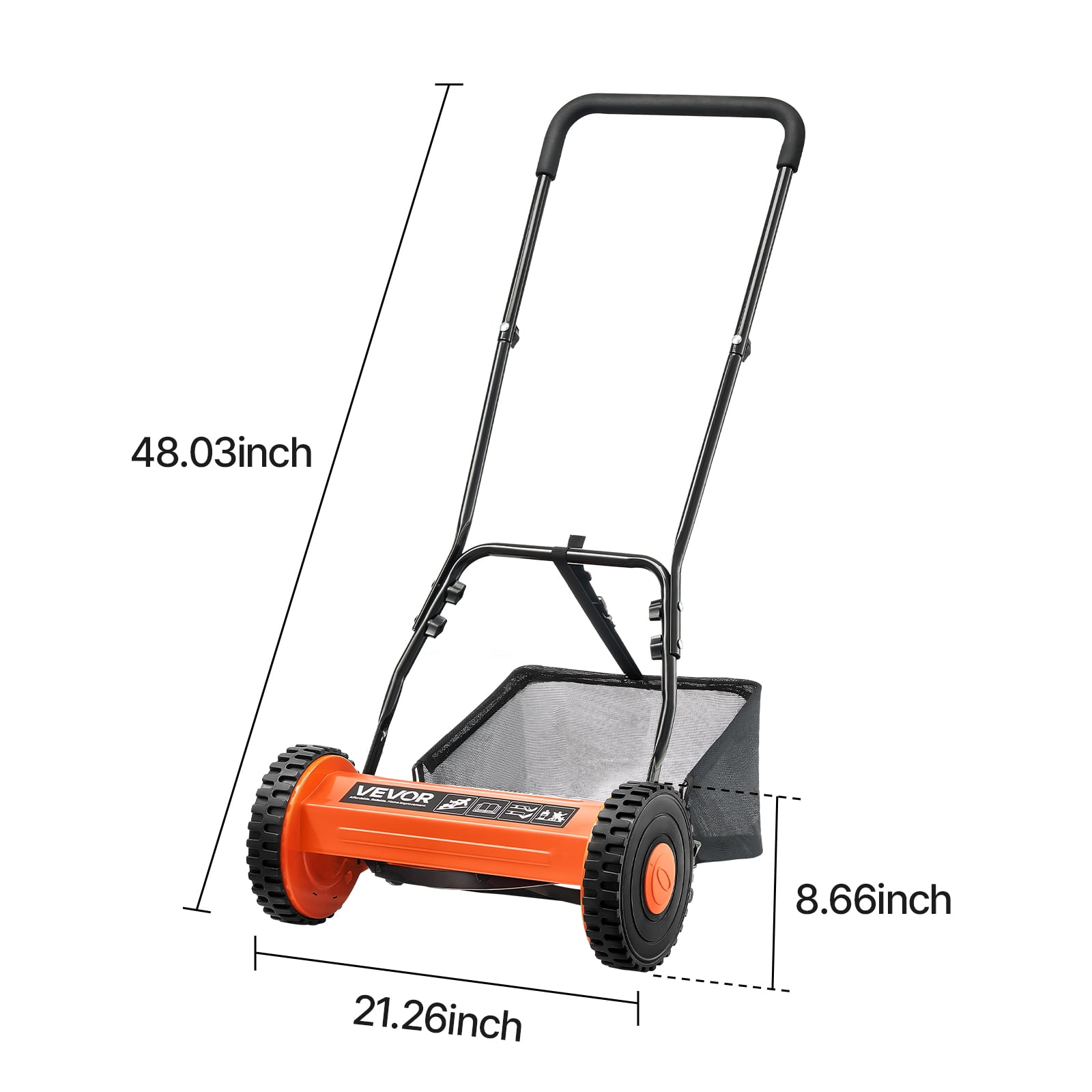 VEVOR Push Reel Lawn Mower 16 inch, 5 Blades Manual Push Mower No Motor, 0.6-1.75 in Adjustable Cutting Height, Walk-Behind Lawn Mowers with Grass Catcher Bag for Green Lawns, Driveways, Courtyards
