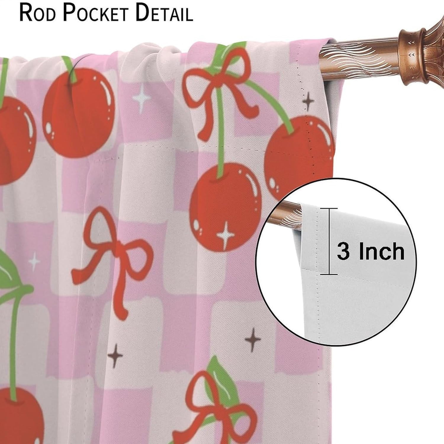 Cute Bow Curtains, Retro Pink Cherkered Cartoon Red Cherries Bows Aesthetic Modern Print Window Treatments for Kids Girls Bedroom Livingroom Bathroom, 42" W X 54" L