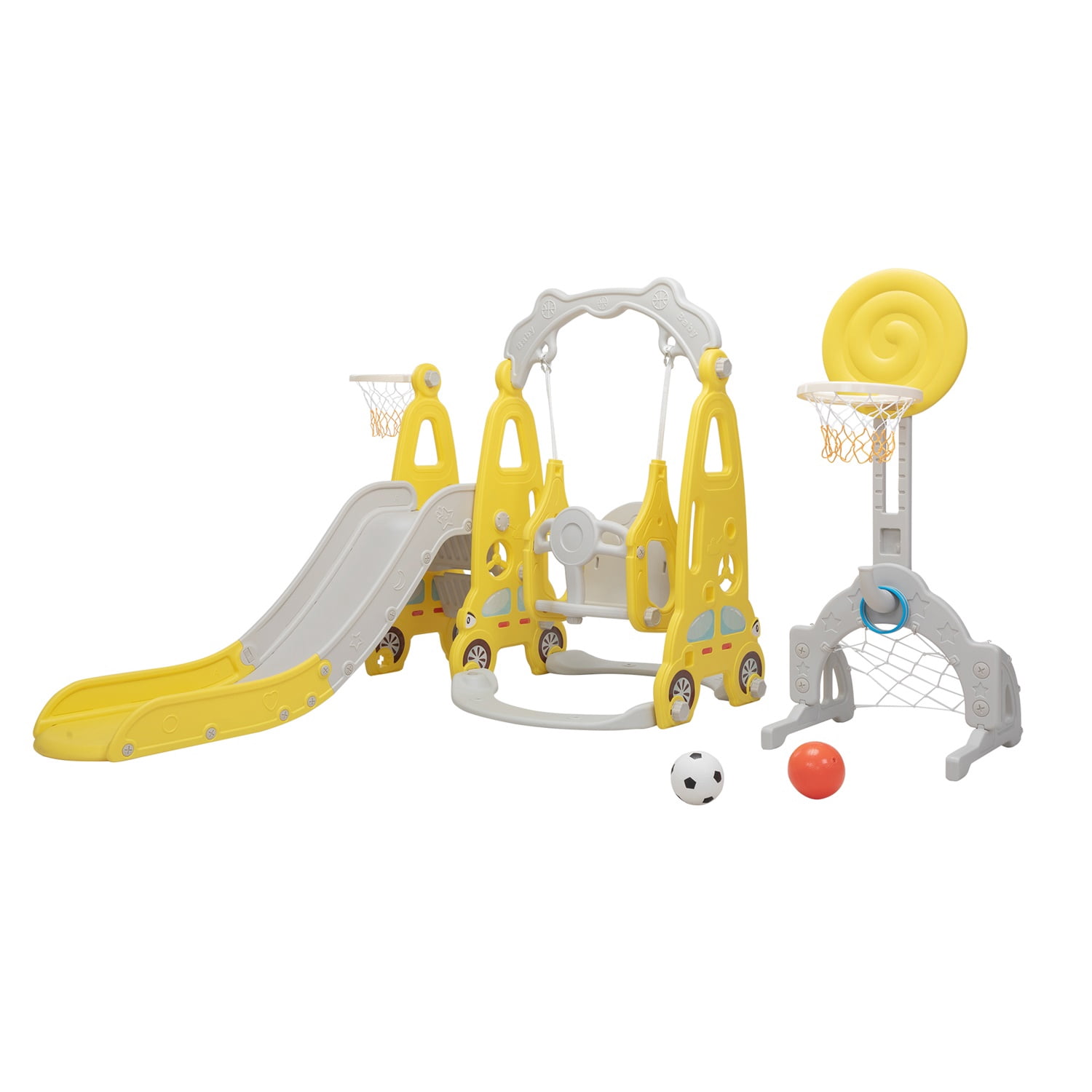 CIPACHO 5 in 1 Kids Slide and Swing Set with 2 Basketball Hoops, Football, Ringtoss for Toddlers 1-8 Years, Yellow