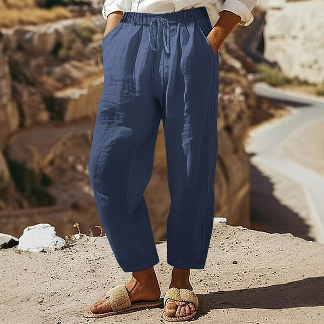 Soki Women's Cotton Linen Drawstring Pants Wide Leg Beach Trousers with Pockets