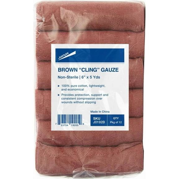 JorVet Brown Cling Gauze | 100 Percent Cotton | Soft & Breathable for Wound Care, Pet Dressings & Medical Use | 6” x 5 Yards | 12 Rolls | Brown