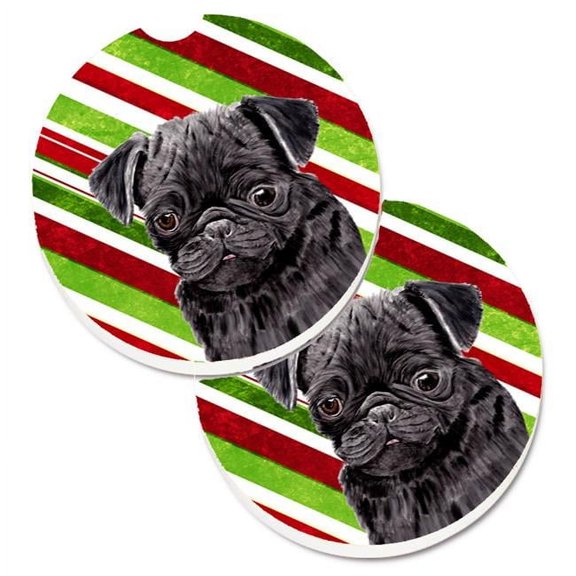 Pug Candy Cane Holiday Christmas Set of 2 Cup Holder Car Coaster