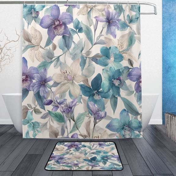Bathroom Sets Curtain and Rug Sets 23.6x15.7 in Non-Slip Mat and 60x72 in Shower Curtain for Home Bath Dcor Watercolor Orchids and Lilies
