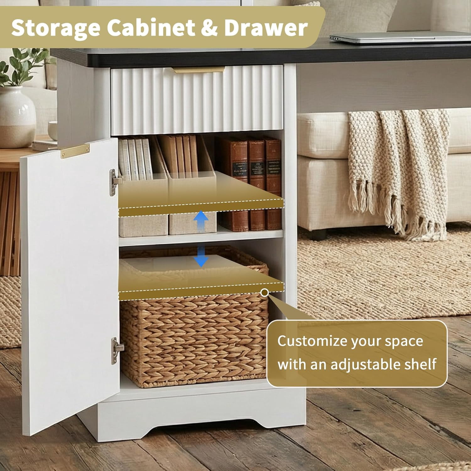 59'' Fluted Executive L Shaped Desk, Computer Corner Desks with Power Outlets, Extra Large Storage Drawer & Cabinet, Home Office Writing Desk for Study Bedroom,White