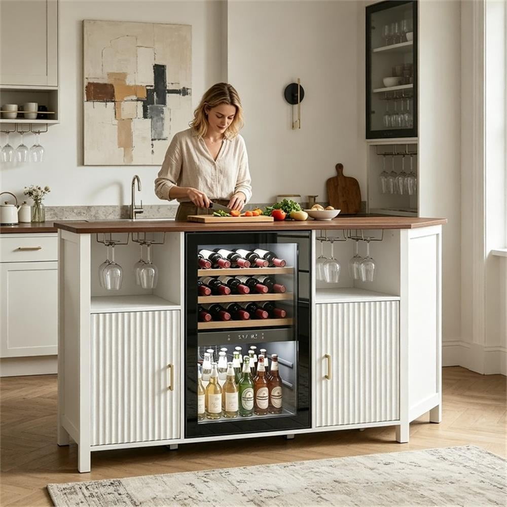53" White Engineered Wood Coffee Bar Cabinet with Mini Fridge Space & Power