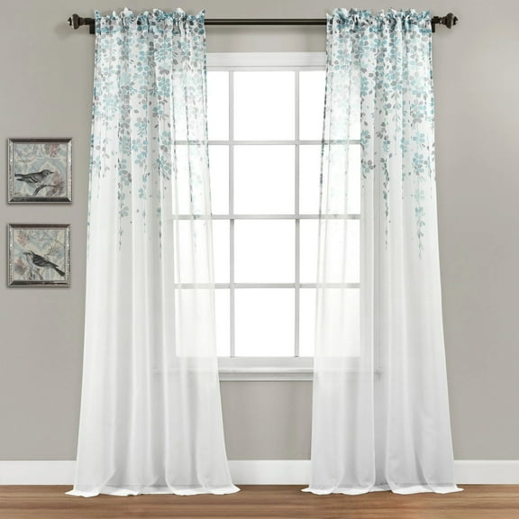Lush Decor Weeping Flower Sheer Rod Pocket Window Panel, 84" x 38" 2" Header, Blue/Gray, Pair