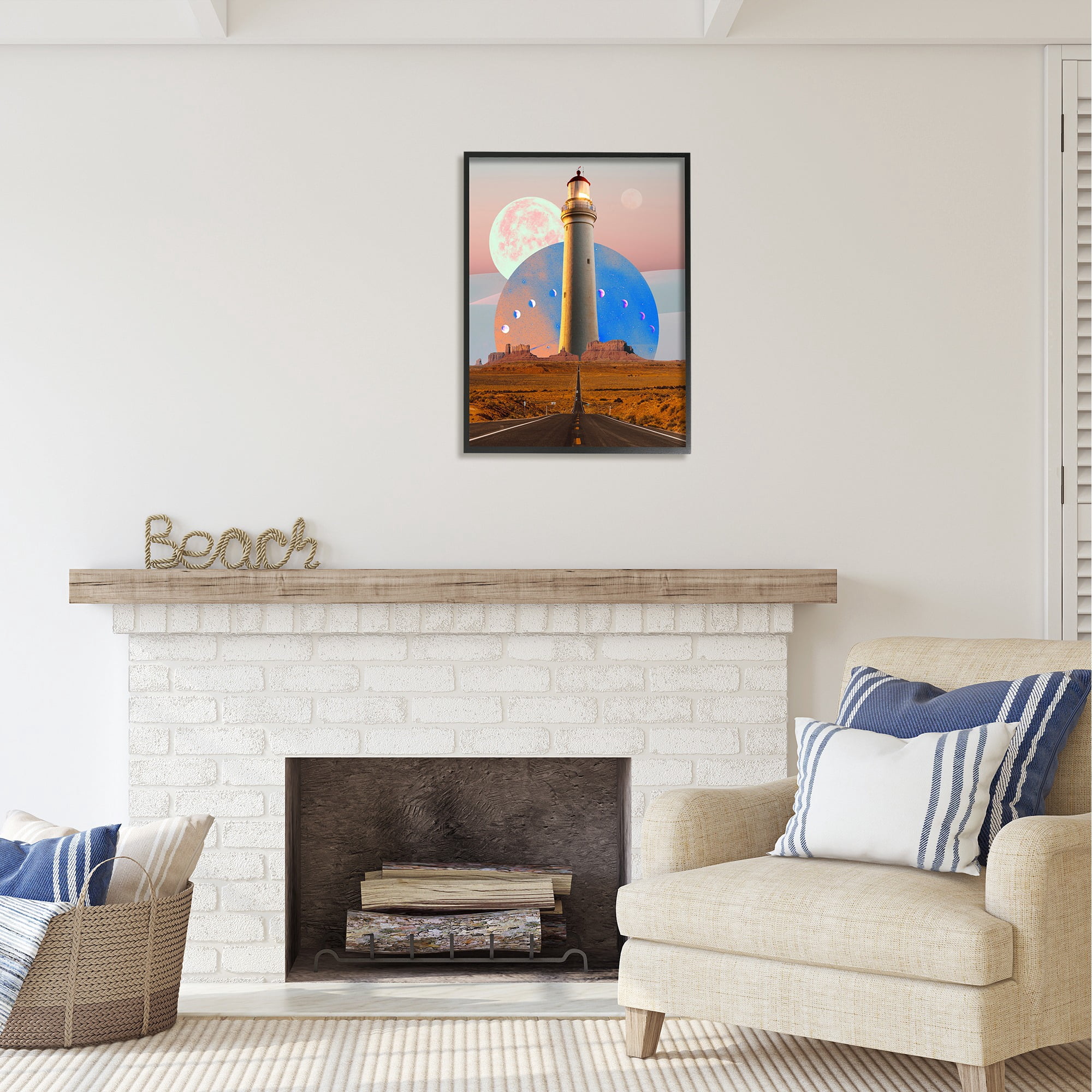 Stupell Industries Surreal Lighthouse in Desert Landscape Painting Black Framed Art Print Wall Art, 24 x 30