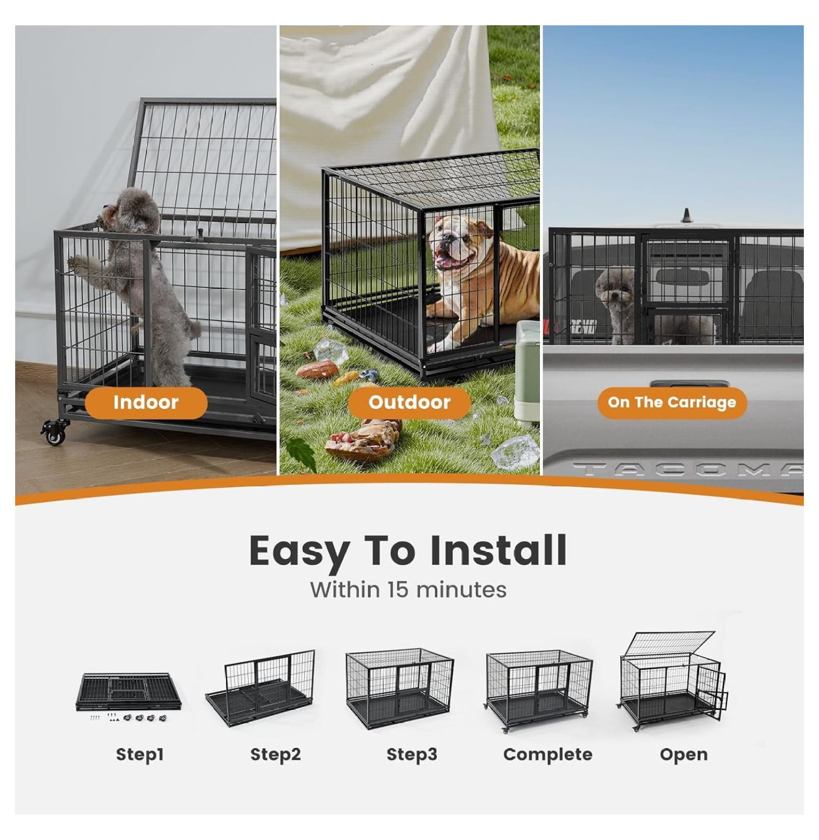32 Inch Heavy Duty Dog Crate with Wheels, Folding Metal Dog Cage for Puppy/Small and Medium Dogs, Indestructible Dog Crate with Removable Tray (Black)
