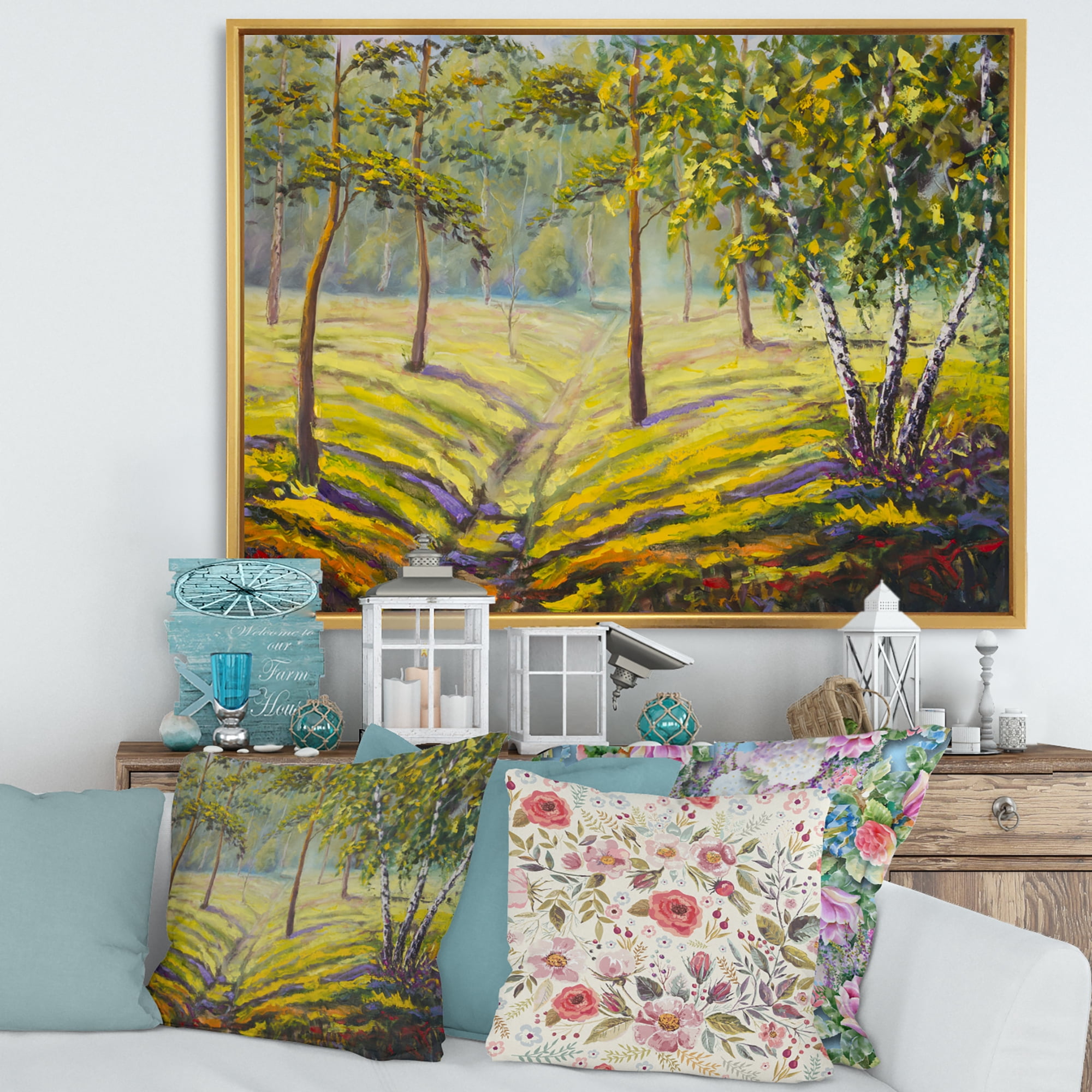 Designart 'Bushes and Pine Trees In The Forest II' Traditional Framed Canvas Wall Art Print