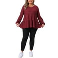 thumbnail image 2 of Agnes Orinda Women's Plus Size Babydoll Blouse Waffle Knit Flowy Ruffle Hem Tiered V Neck Long Sleeve Casual Peplum Tops 3X Burgundy, 2 of 6