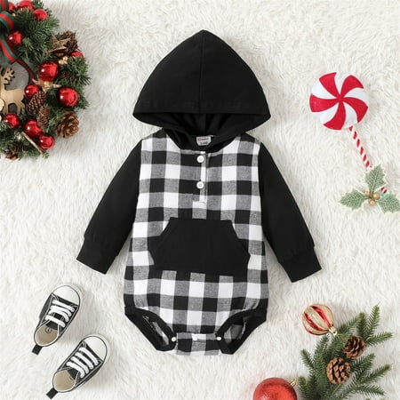 

NIUREDLTD Baby Boys Girls Long Sleeve Plaid Patchwork Hooded Romper Bodysuit Clothes